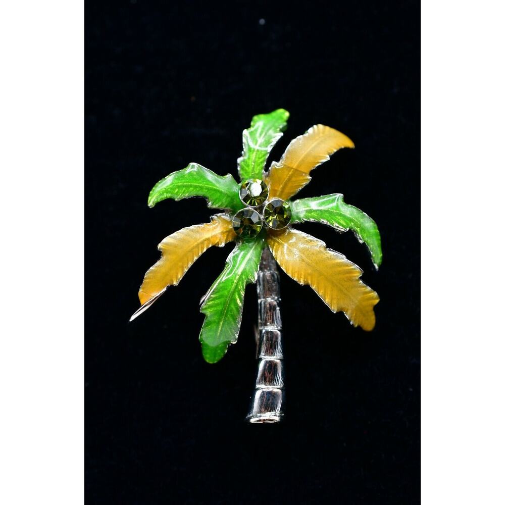 Vintage 90s Palm Tree Pin Brooch Rhinestone Crystal CA Summer Green Enamel BinJ